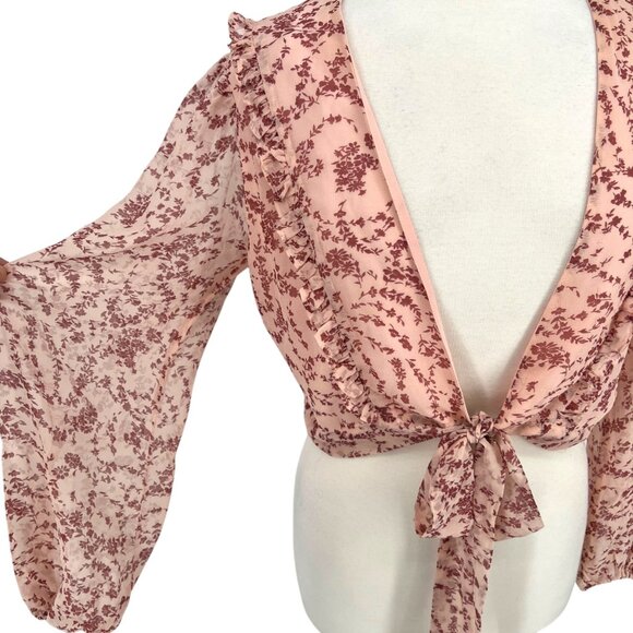 Bardot Floral Wrap Tie-Front Long-Sleeve Blouse Pink Red Size US 8 Medium - Picture 4 of 16